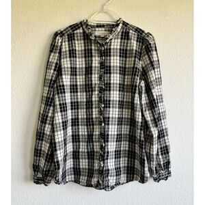 Loft Women's Black White Plaid Button Down Shirt Long Sleeve Ruffle Large